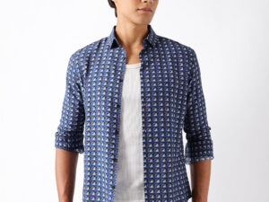 blue regular fit geometric print casual shirt