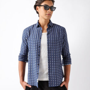 blue regular fit geometric print casual shirt