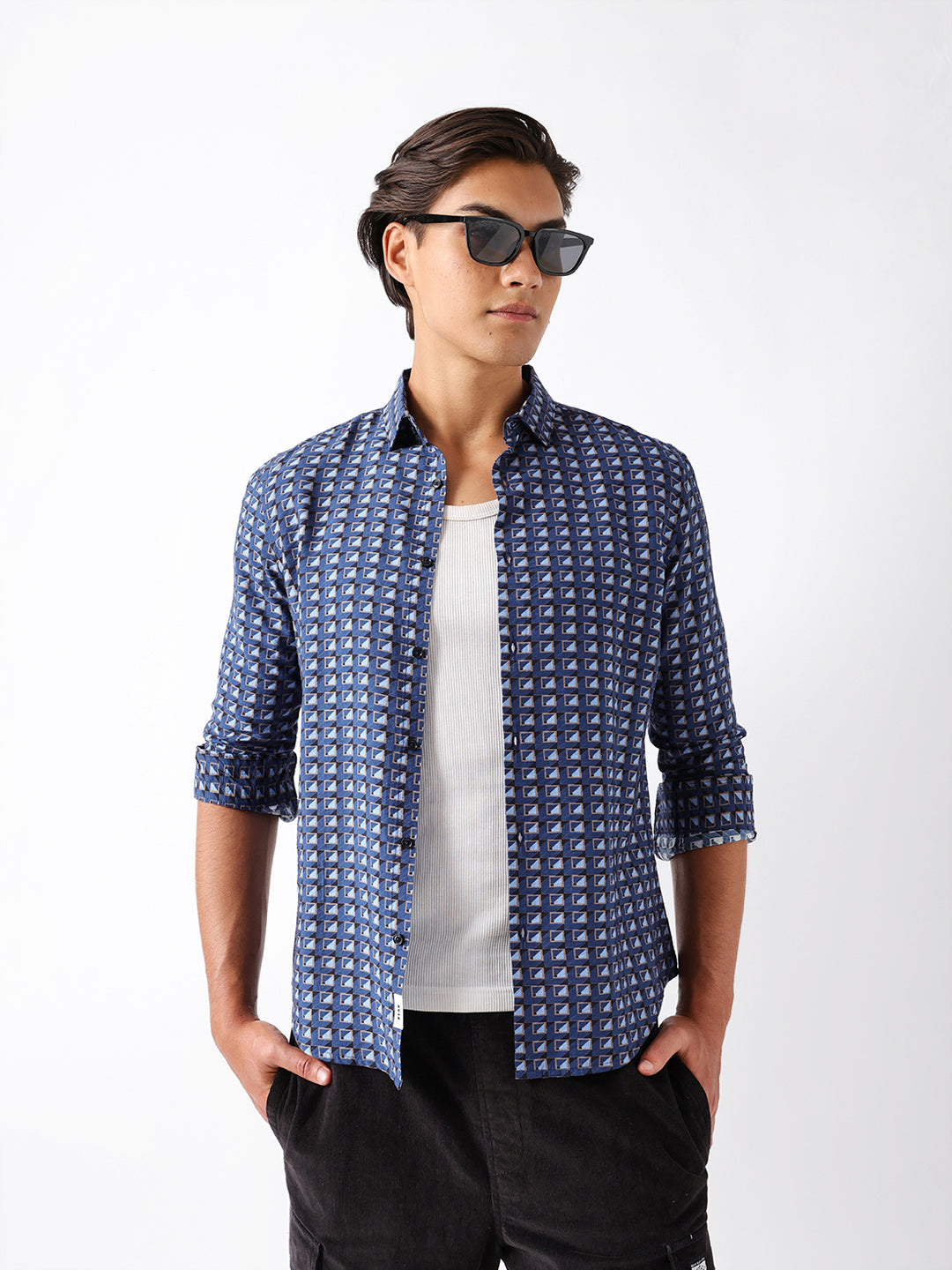 blue regular fit geometric print casual shirt blue regular fit geometric print casual shirt