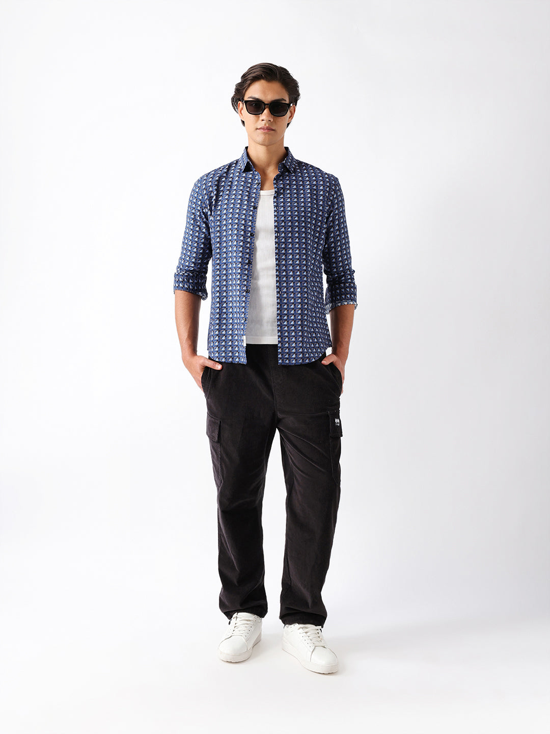 blue regular fit geometric print casual shirt blue regular fit geometric print casual shirt