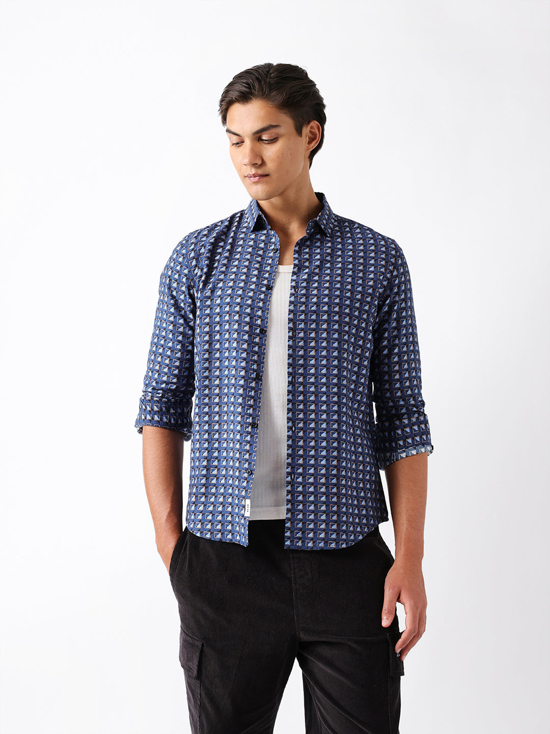 blue regular fit geometric print casual shirt blue regular fit geometric print casual shirt