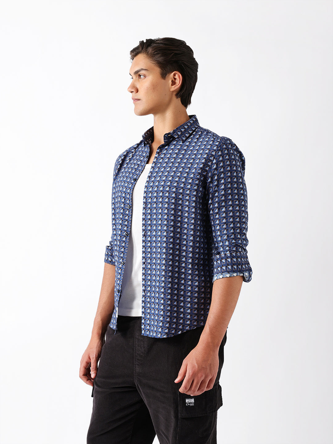 blue regular fit geometric print casual shirt blue regular fit geometric print casual shirt