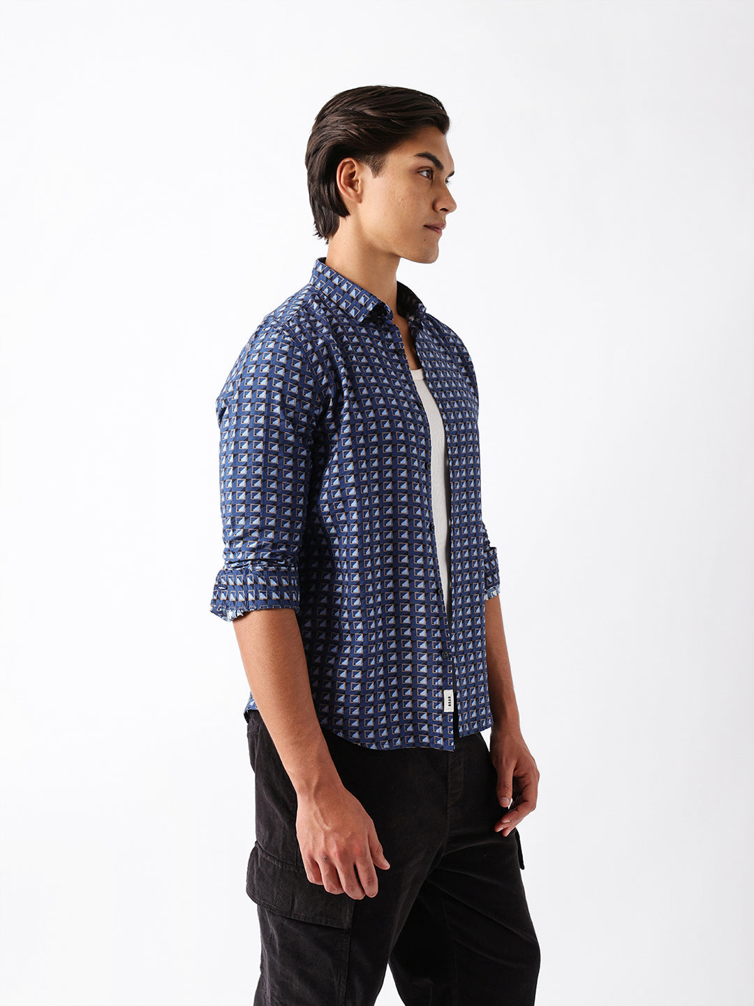 blue regular fit geometric print casual shirt blue regular fit geometric print casual shirt