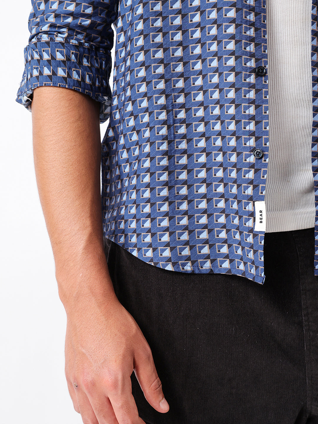 blue regular fit geometric print casual shirt blue regular fit geometric print casual shirt