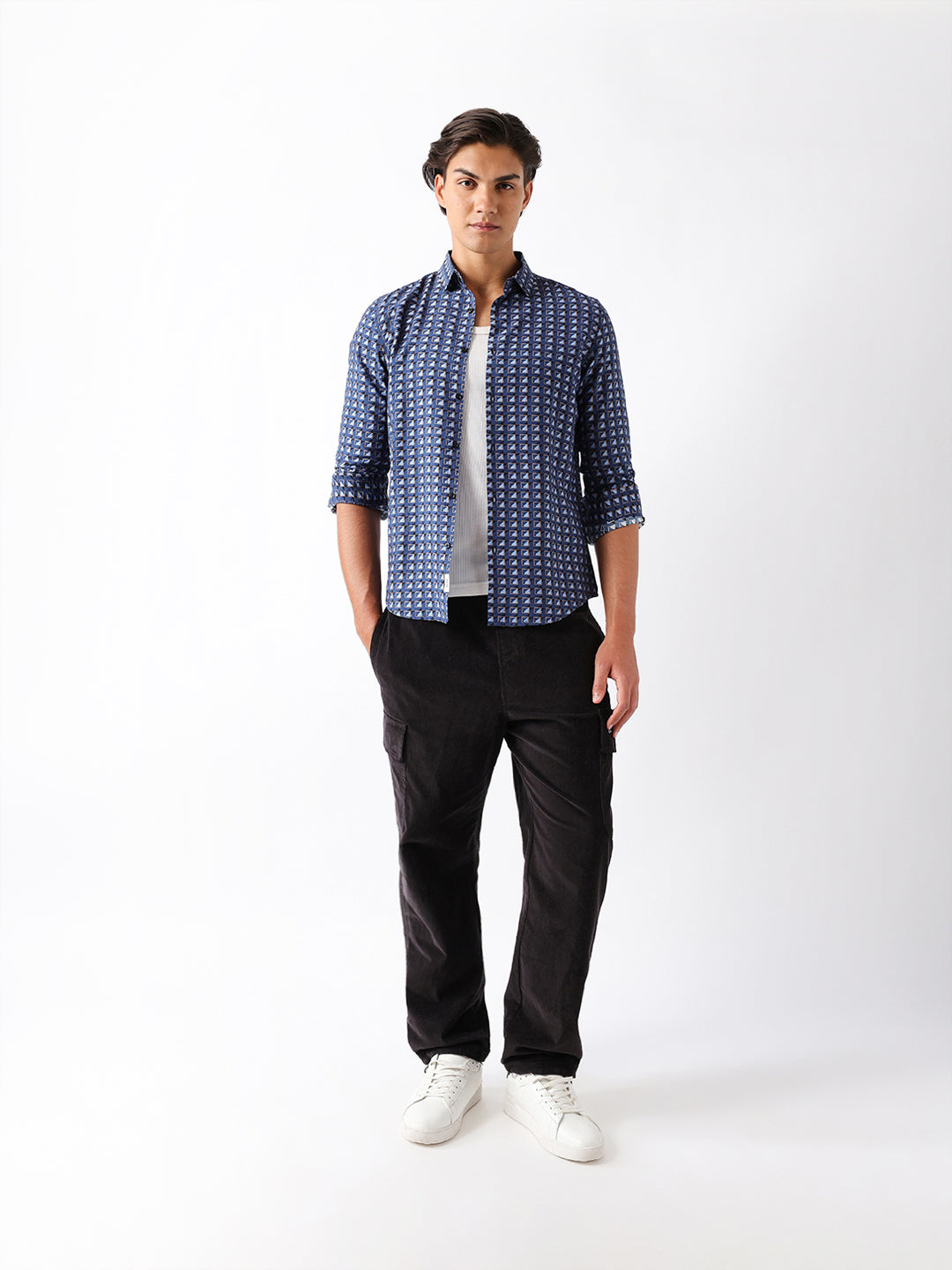 blue regular fit geometric print casual shirt blue regular fit geometric print casual shirt