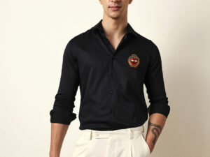 black tailored fit regal bee crest embroidery formal party shirt