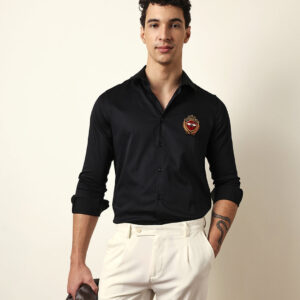 black tailored fit regal bee crest embroidery formal party shirt