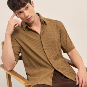 mustard textured woven oversized fit half sleeve casual shirt