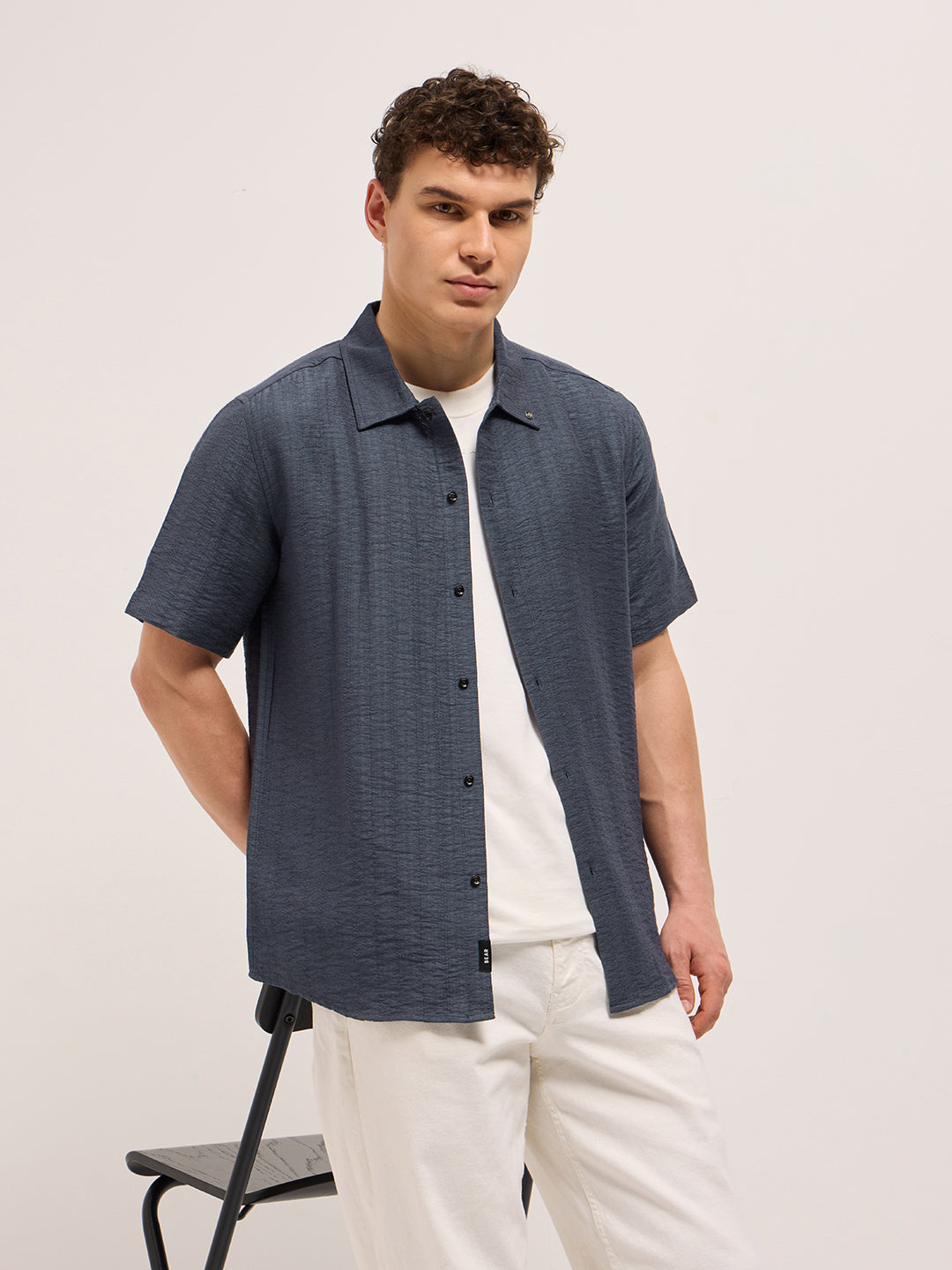 blue crinkled textured regular fit half sleeve casual shirt blue crinkled textured regular fit half sleeve casual shirt