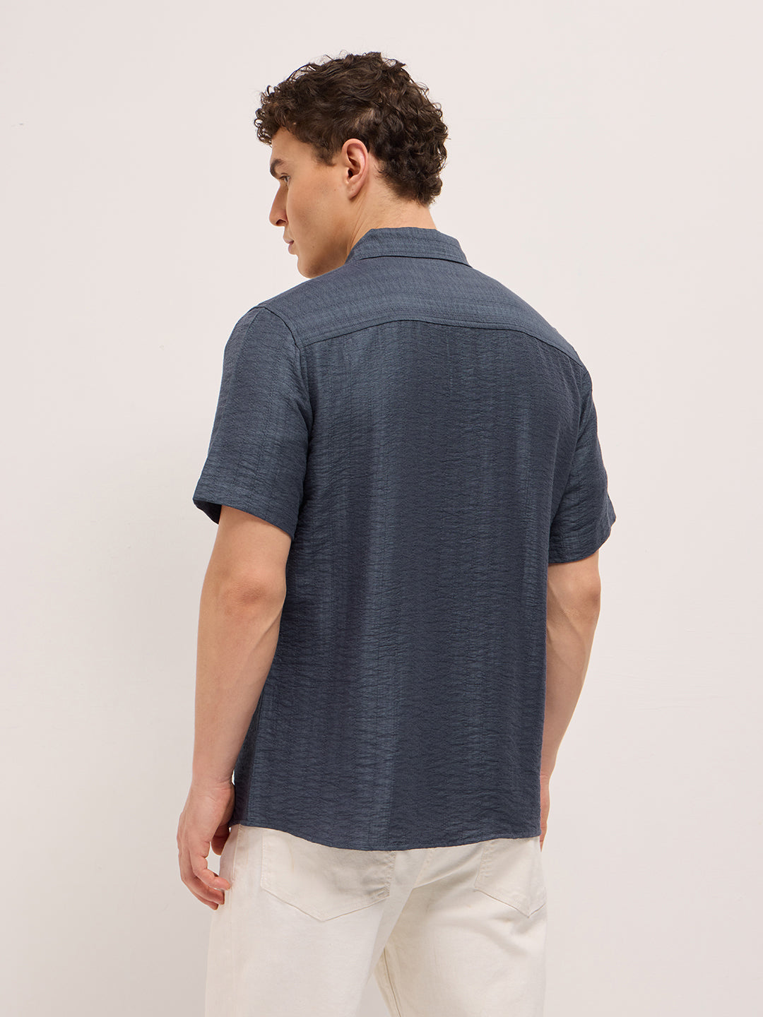 blue crinkled textured regular fit half sleeve casual shirt blue crinkled textured regular fit half sleeve casual shirt