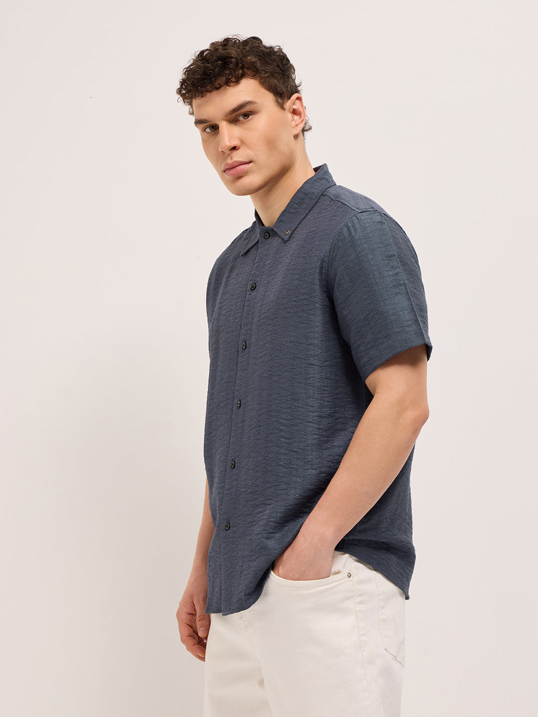 blue crinkled textured regular fit half sleeve casual shirt blue crinkled textured regular fit half sleeve casual shirt