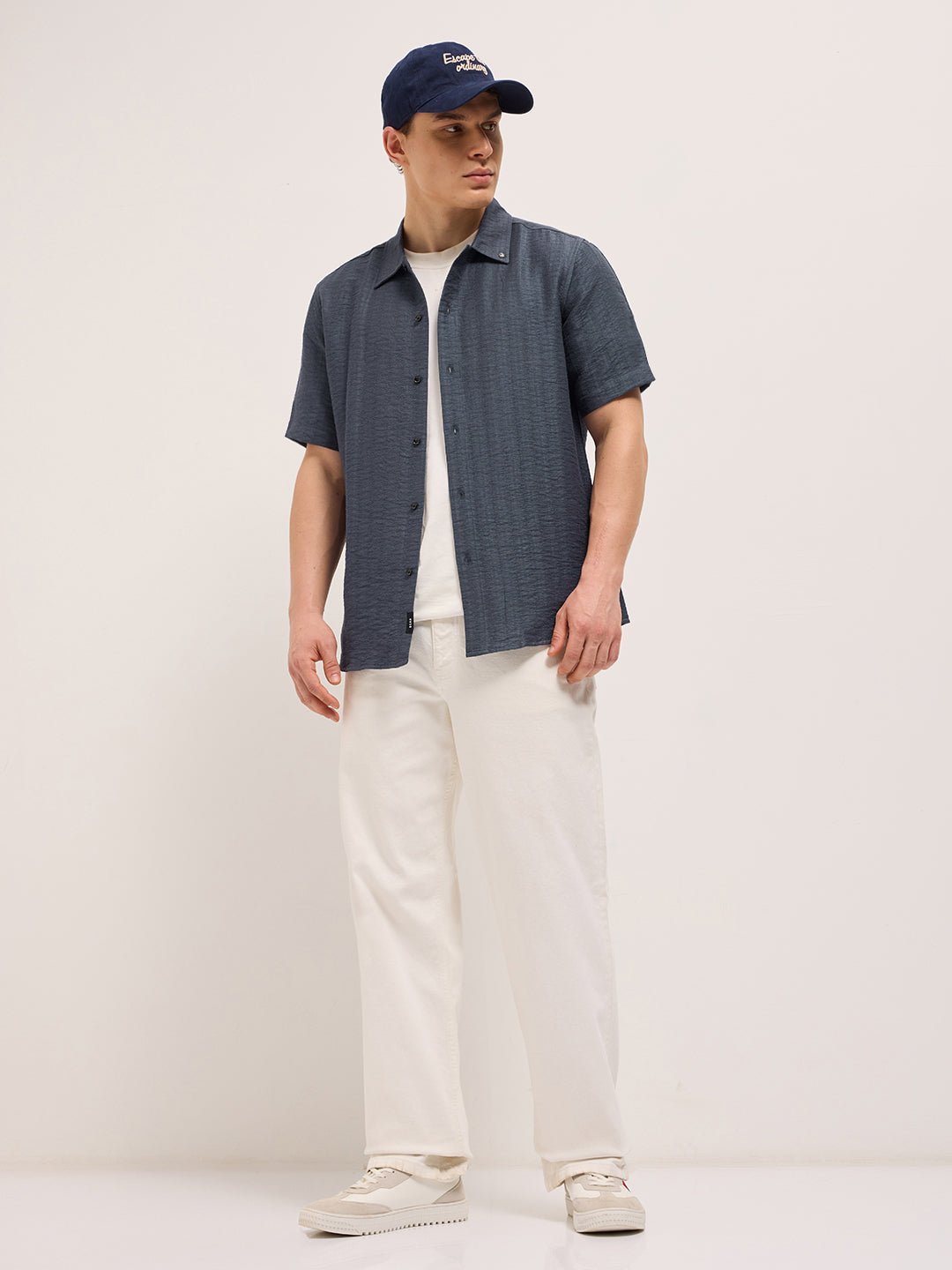 blue crinkled textured regular fit half sleeve casual shirt blue crinkled textured regular fit half sleeve casual shirt
