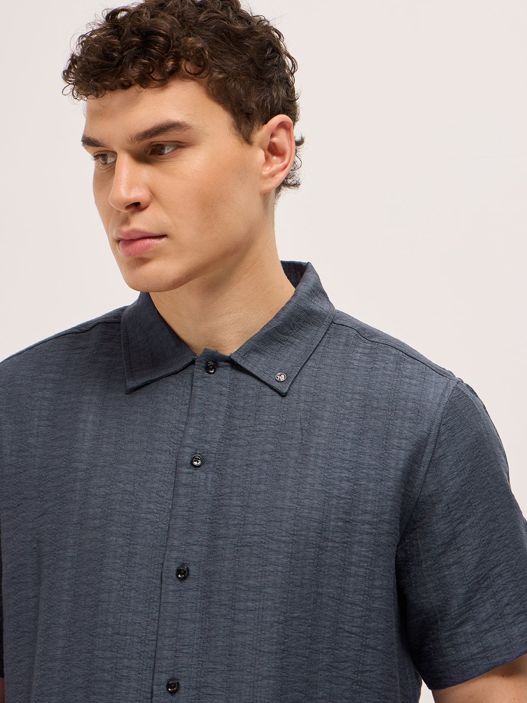 blue crinkled textured regular fit half sleeve casual shirt blue crinkled textured regular fit half sleeve casual shirt