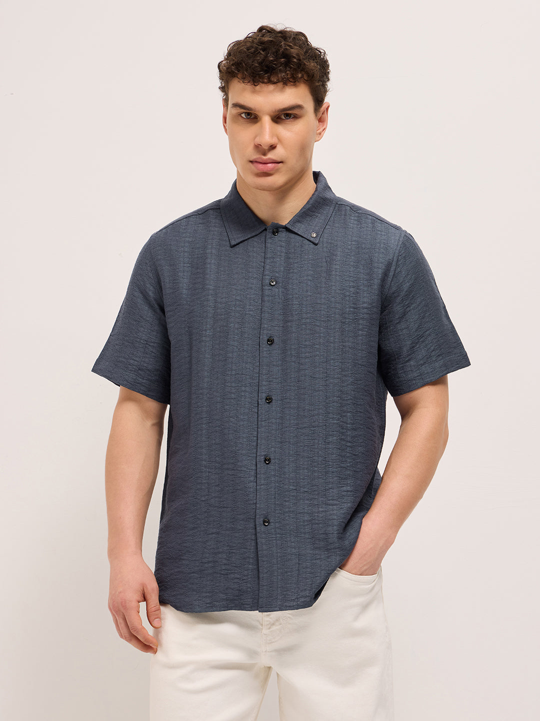 blue crinkled textured regular fit half sleeve casual shirt blue crinkled textured regular fit half sleeve casual shirt