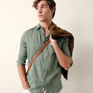 green vertical seersucker pinstripe slim fit casual shirt