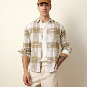 olive & white flannel check slim fit casual shirt