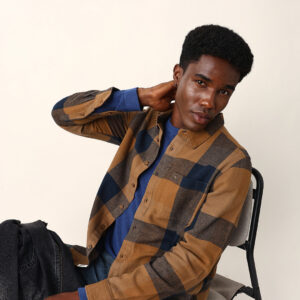 mustard with navy blue flannel checked regular fit overshirt