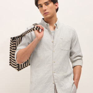 grey slim fit casual shirt with woven vertical textured stripes