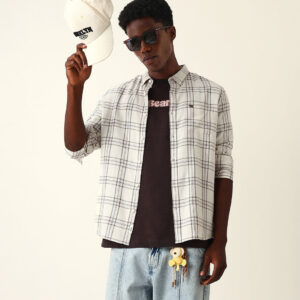 cream & brown woven checked slim fit casual shirt