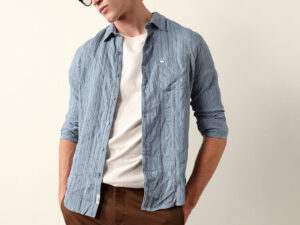 blue vertical seersucker pinstripe slim fit casual shirt