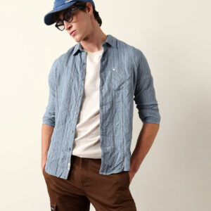 blue vertical seersucker pinstripe slim fit casual shirt