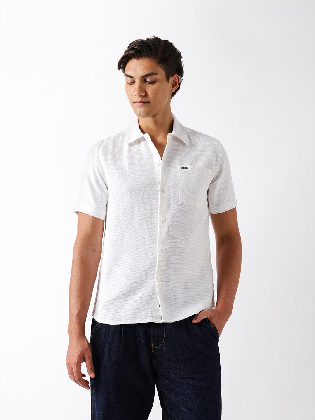 white textured weave regular fit half sleeve casual shirt white textured weave regular fit half sleeve casual shirt