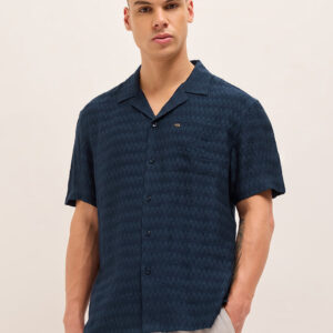 navy blue zigzag textured weave relaxed fit half sleeve casual shirt
