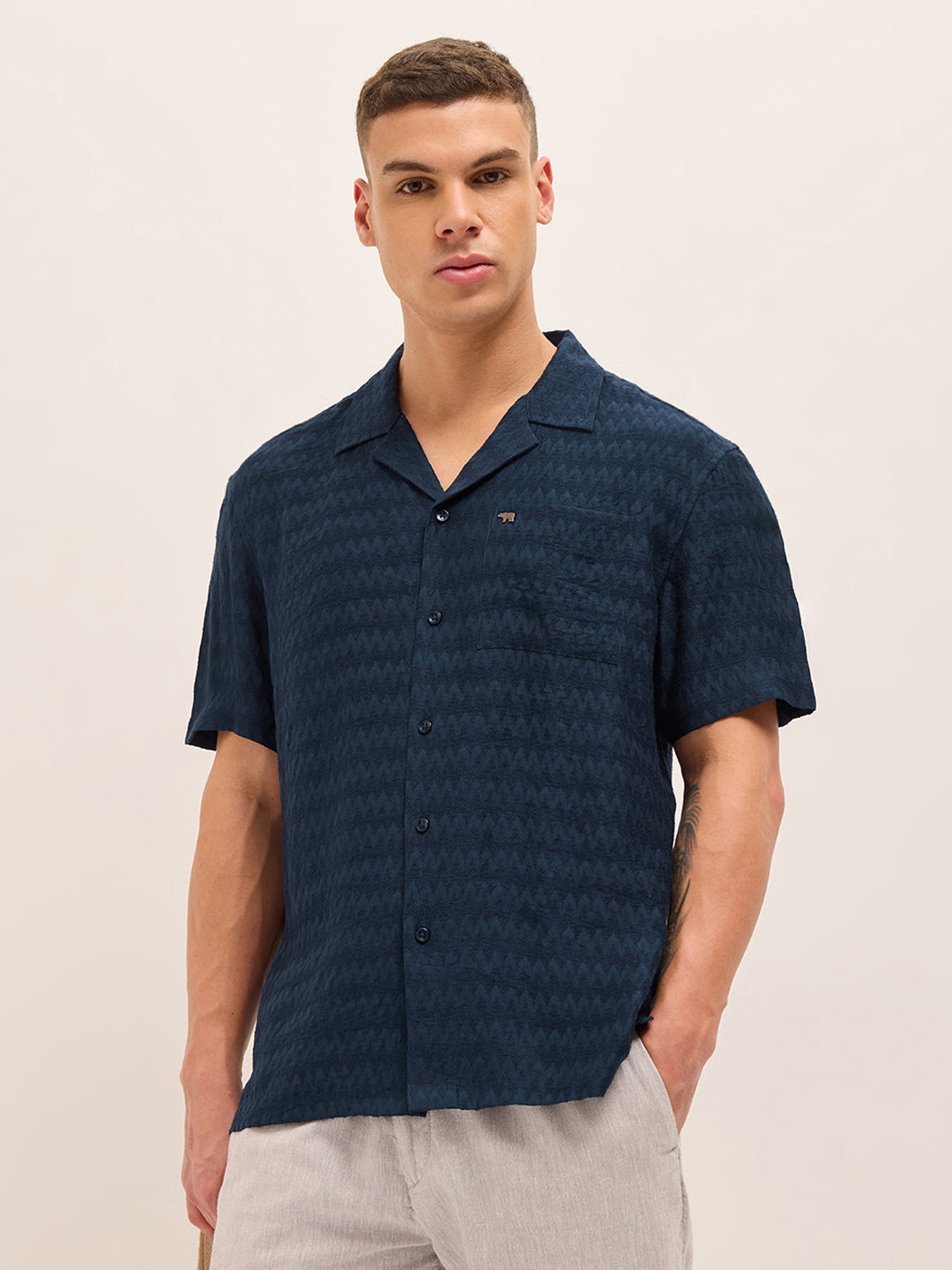 navy blue zigzag textured weave relaxed fit half sleeve casual shirt navy blue zigzag textured weave relaxed fit half sleeve casual shirt