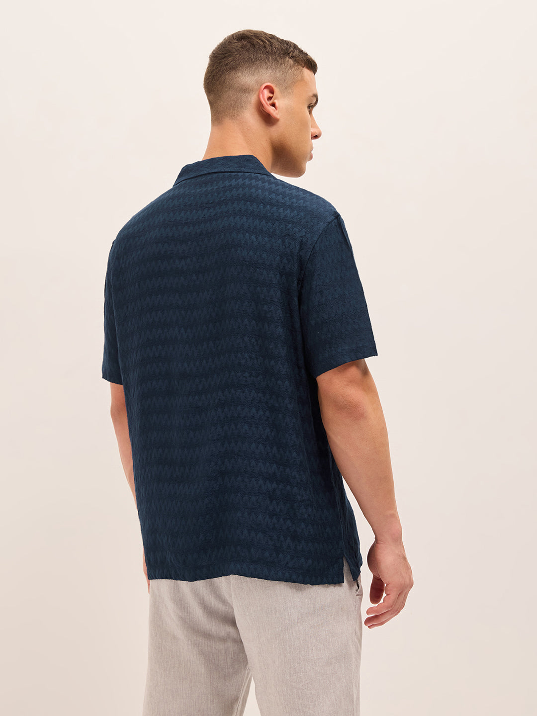 navy blue zigzag textured weave relaxed fit half sleeve casual shirt navy blue zigzag textured weave relaxed fit half sleeve casual shirt