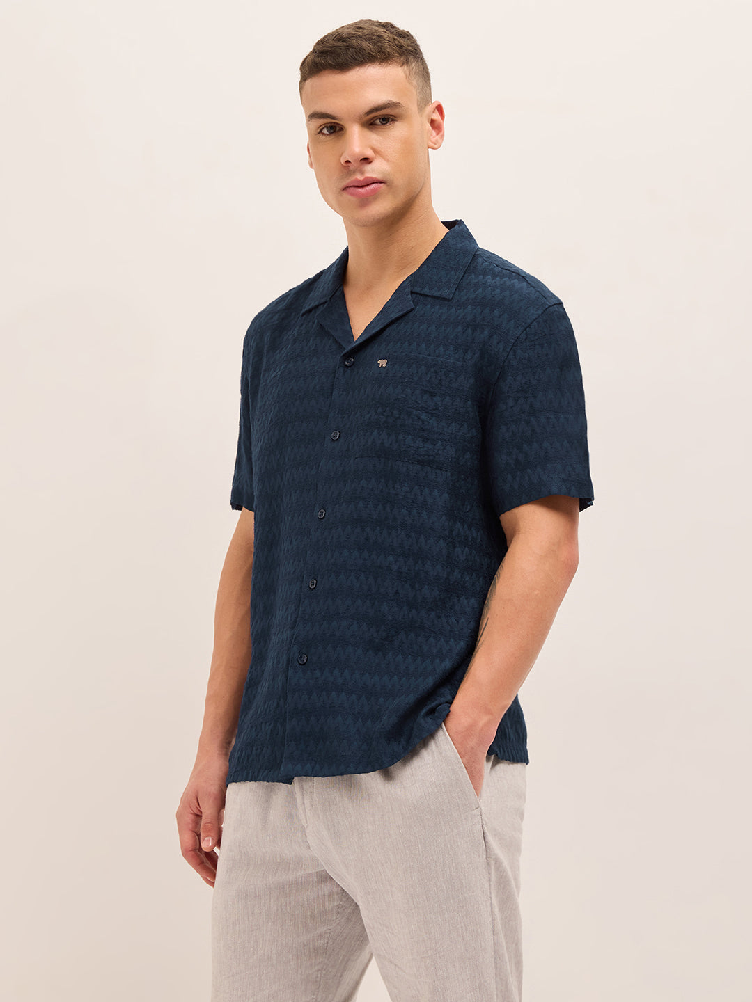 navy blue zigzag textured weave relaxed fit half sleeve casual shirt navy blue zigzag textured weave relaxed fit half sleeve casual shirt