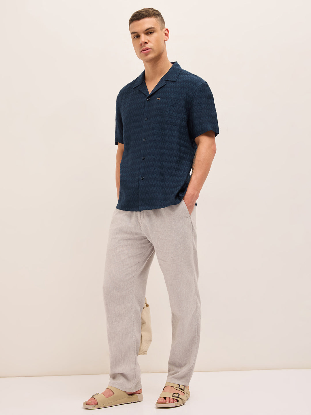 navy blue zigzag textured weave relaxed fit half sleeve casual shirt navy blue zigzag textured weave relaxed fit half sleeve casual shirt