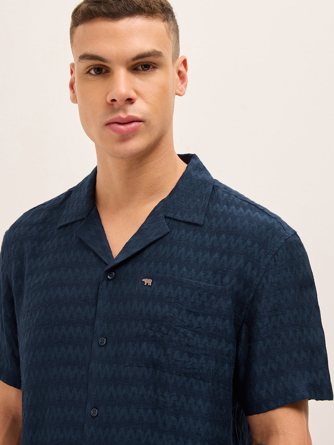 navy blue zigzag textured weave relaxed fit half sleeve casual shirt navy blue zigzag textured weave relaxed fit half sleeve casual shirt