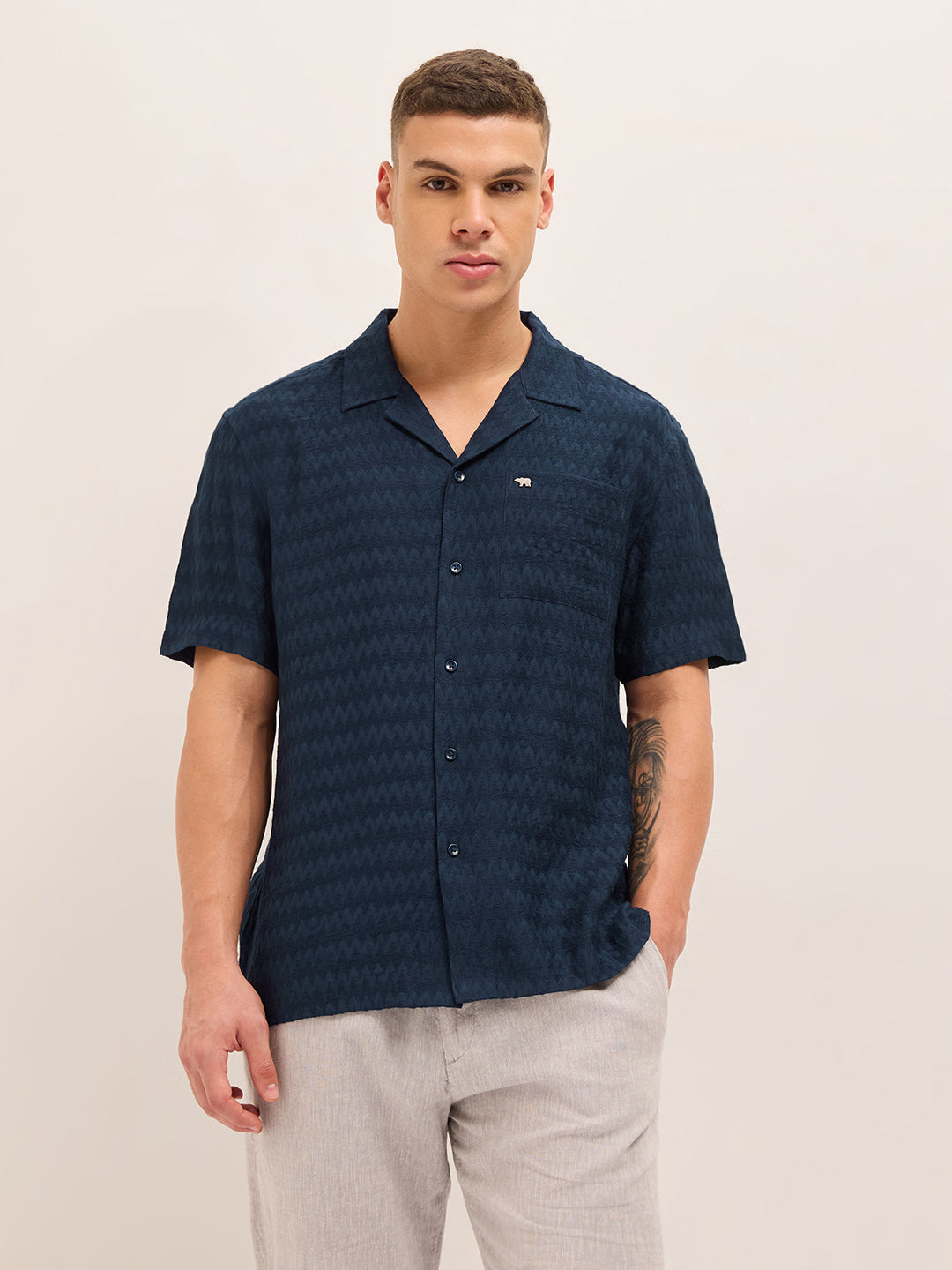navy blue zigzag textured weave relaxed fit half sleeve casual shirt navy blue zigzag textured weave relaxed fit half sleeve casual shirt