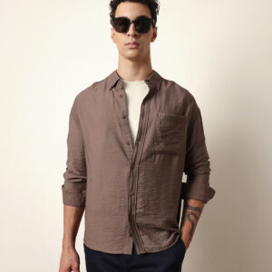 brown viscose herringbone design relax fit casual shirt