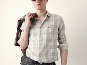 beige woven checkered slim fit casual shirt