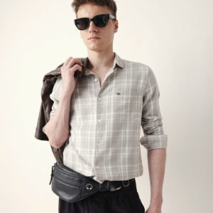 beige woven checkered slim fit casual shirt
