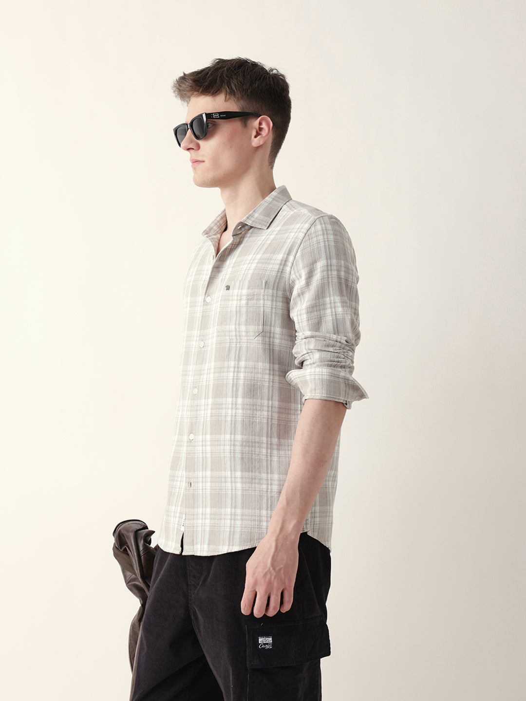 beige woven checkered slim fit casual shirt beige woven checkered slim fit casual shirt