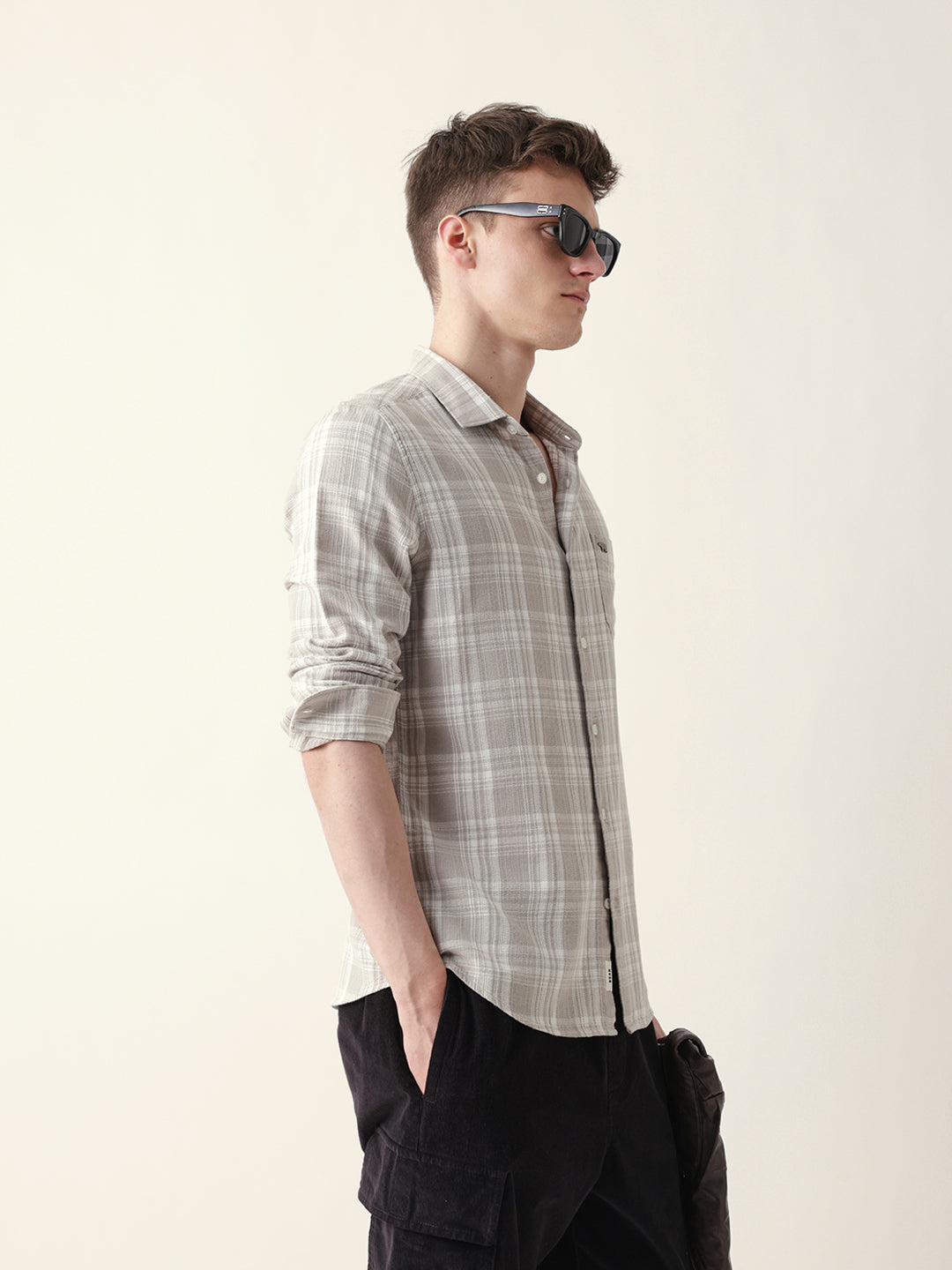 beige woven checkered slim fit casual shirt beige woven checkered slim fit casual shirt