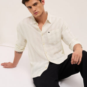 cream woven vertical stripes relax fit casual shirt