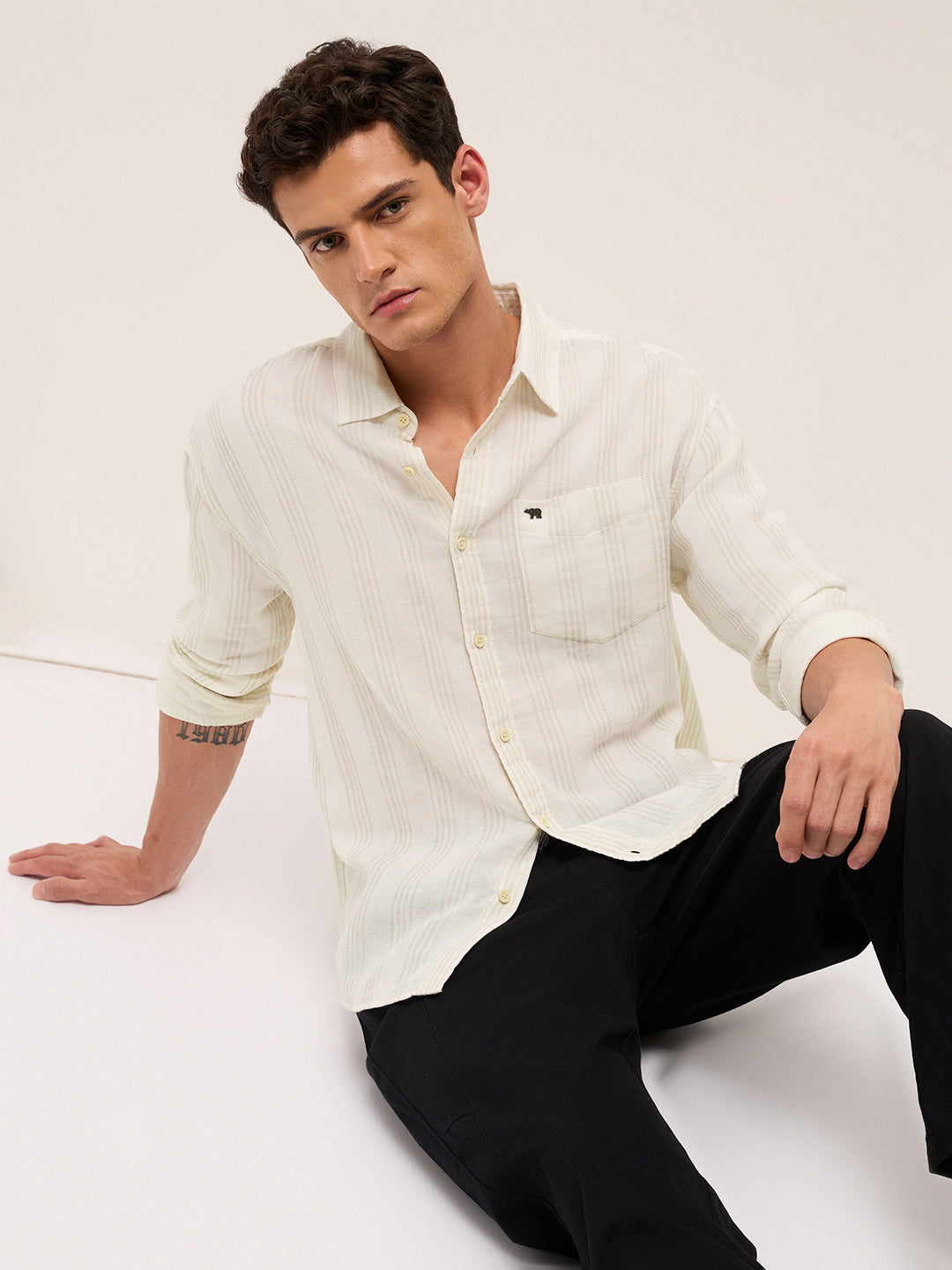 cream woven vertical stripes relax fit casual shirt cream woven vertical stripes relax fit casual shirt