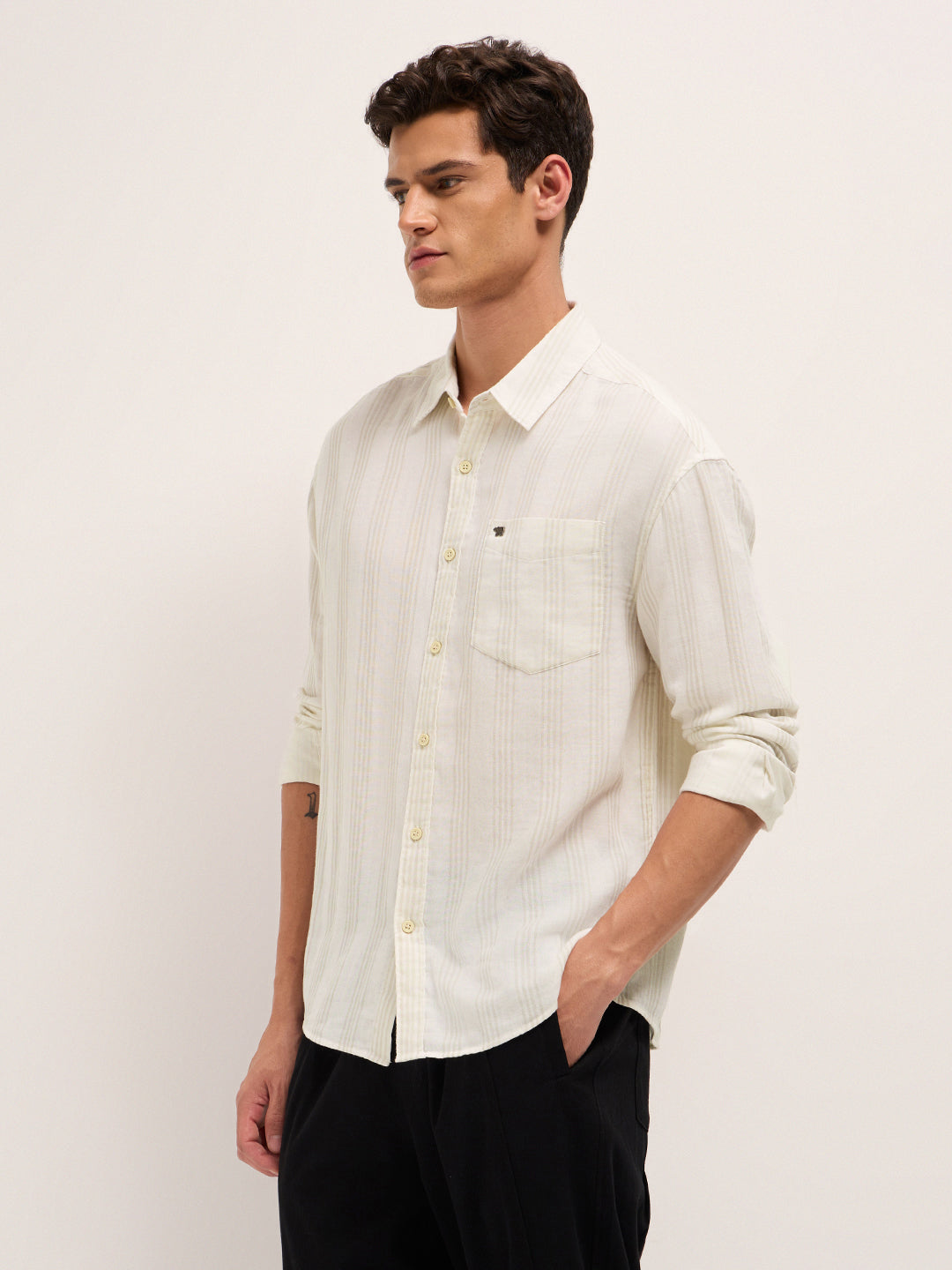 cream woven vertical stripes relax fit casual shirt cream woven vertical stripes relax fit casual shirt