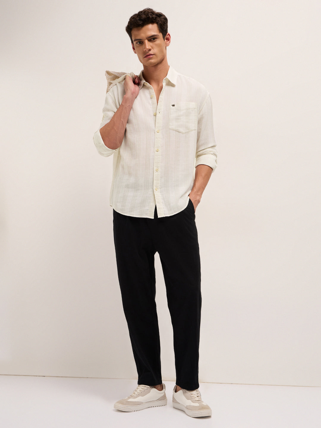 cream woven vertical stripes relax fit casual shirt cream woven vertical stripes relax fit casual shirt