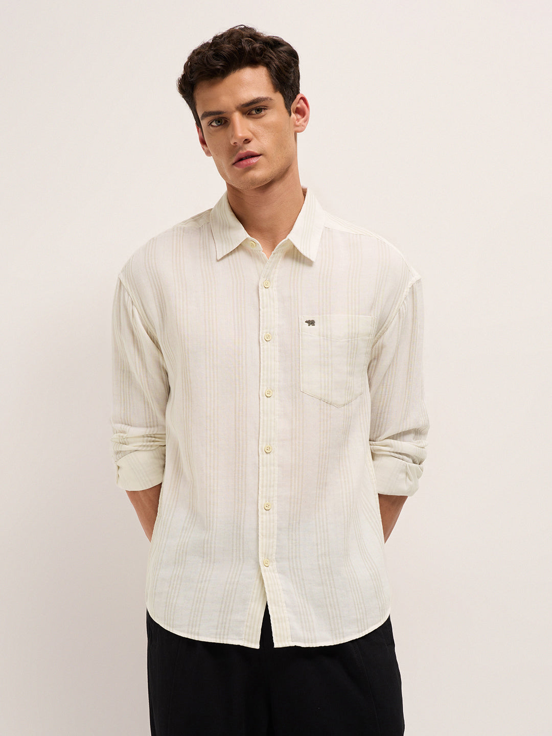cream woven vertical stripes relax fit casual shirt cream woven vertical stripes relax fit casual shirt