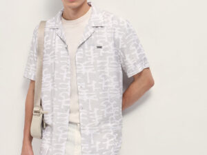 beige abstract brush stroke print relaxed fit cuban collar shirt