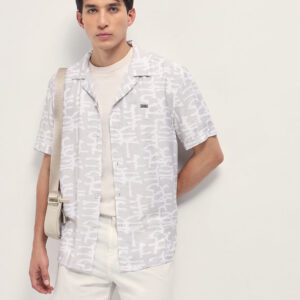 beige abstract brush stroke print relaxed fit cuban collar shirt