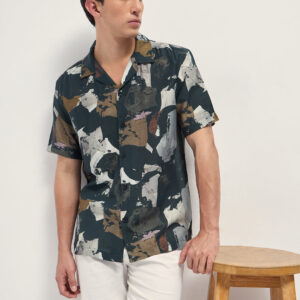 dark green abstract brush stroke print relaxed fit cuban collar shirt