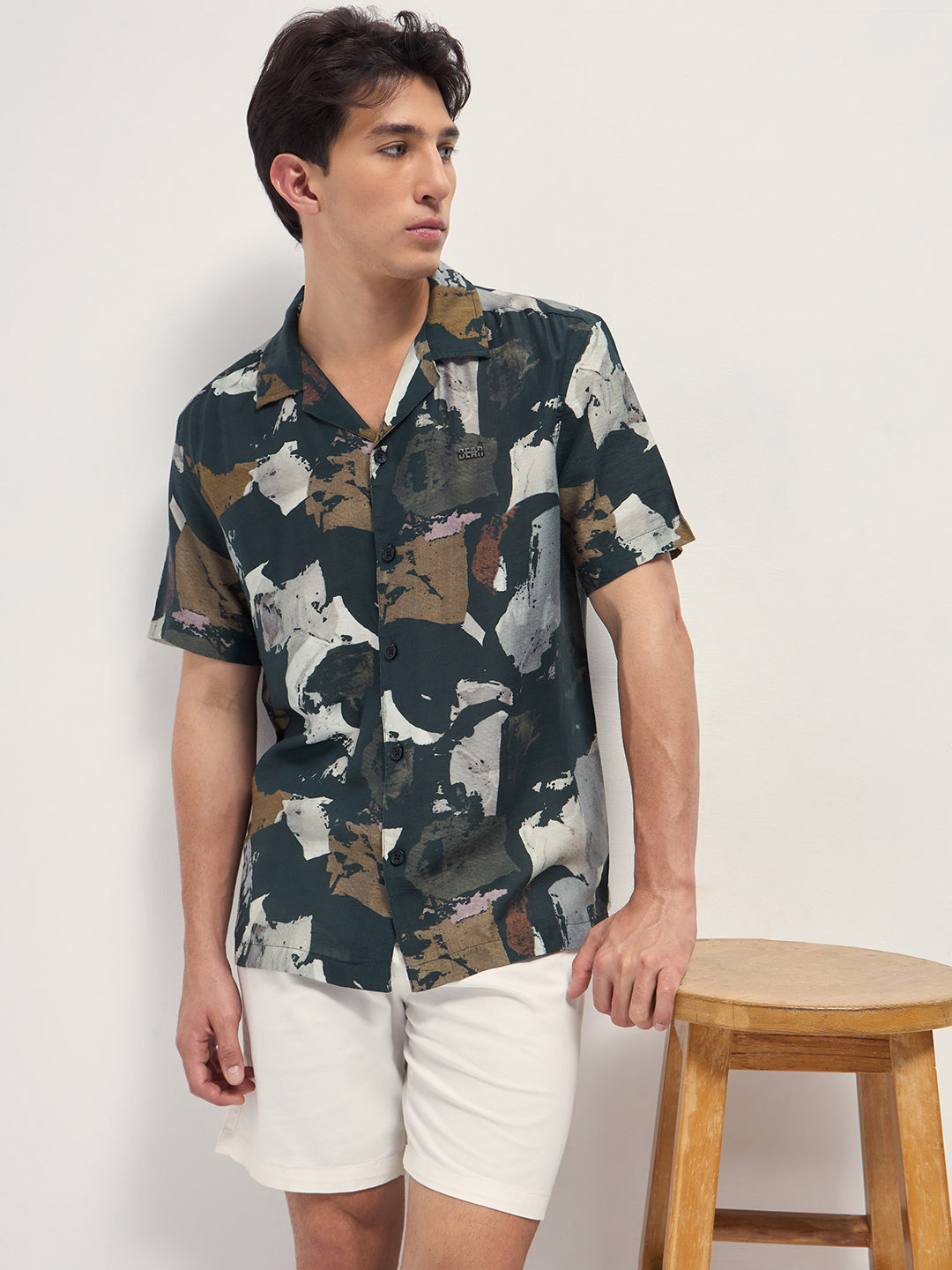 dark green abstract brush stroke print relaxed fit cuban collar shirt dark green abstract brush stroke print relaxed fit cuban collar shirt