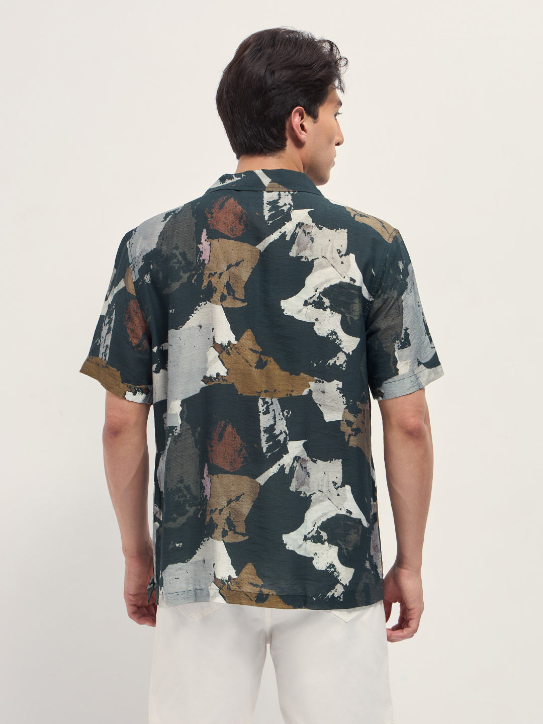 dark green abstract brush stroke print relaxed fit cuban collar shirt dark green abstract brush stroke print relaxed fit cuban collar shirt