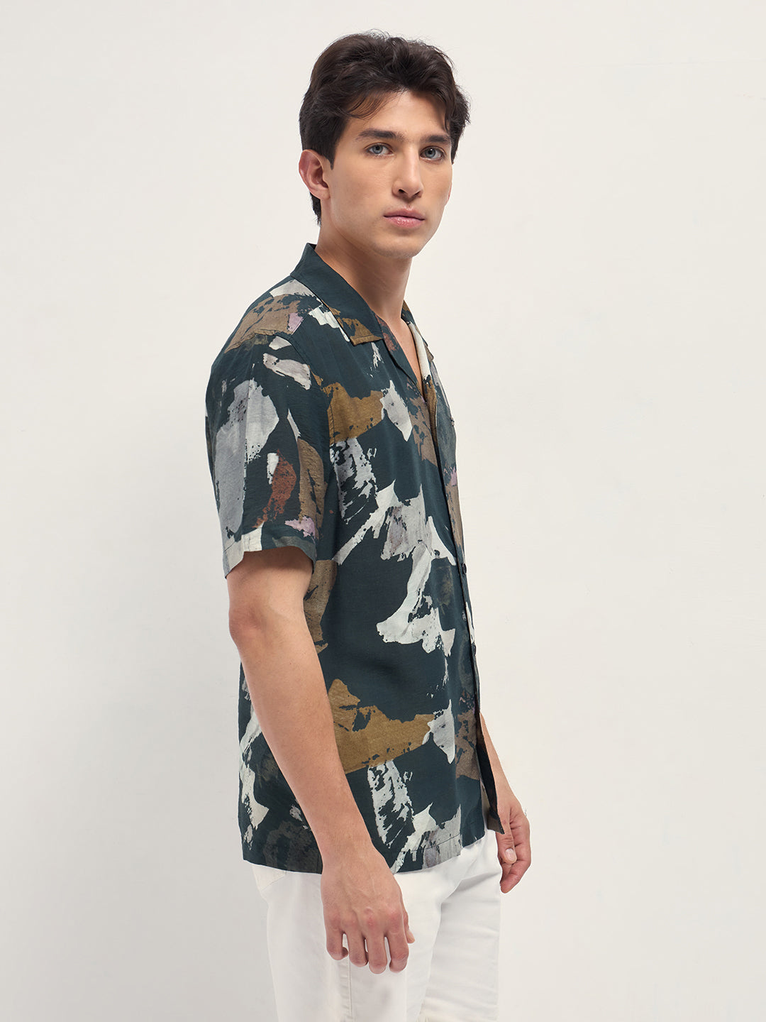 dark green abstract brush stroke print relaxed fit cuban collar shirt dark green abstract brush stroke print relaxed fit cuban collar shirt