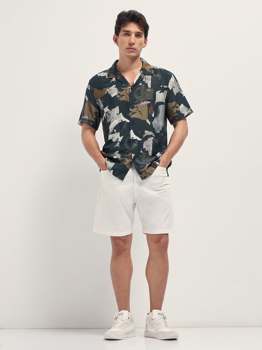 dark green abstract brush stroke print relaxed fit cuban collar shirt dark green abstract brush stroke print relaxed fit cuban collar shirt